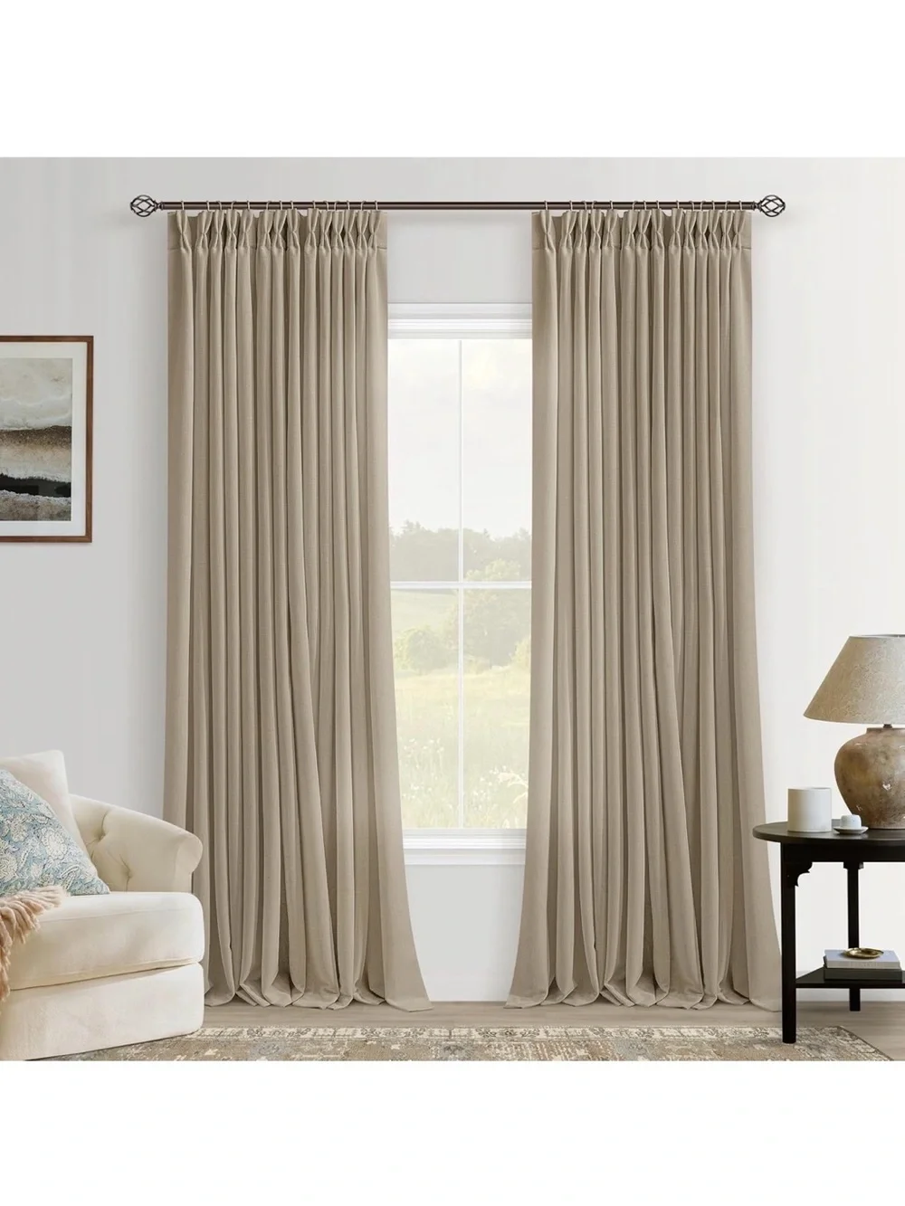New Open Bag Light Brown Pinch Pleat Semi Sheer Linen Curtains 80 Inch Long